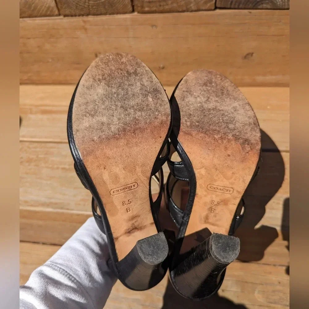 Coach Tamarah Black Leather Turn Lock Stacked Heels Women's Sandals